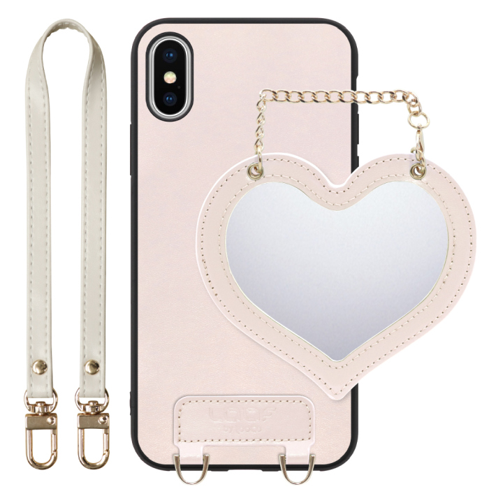 [ LOOF CHARM-SHELL Series ] iPhone X / XS iPhonex iPhonexs スマホケース  ハートのミラーチャーム付き シンプル 背面カバー スマホケース ストラップ付 本革 [ iPhone X / XS ]