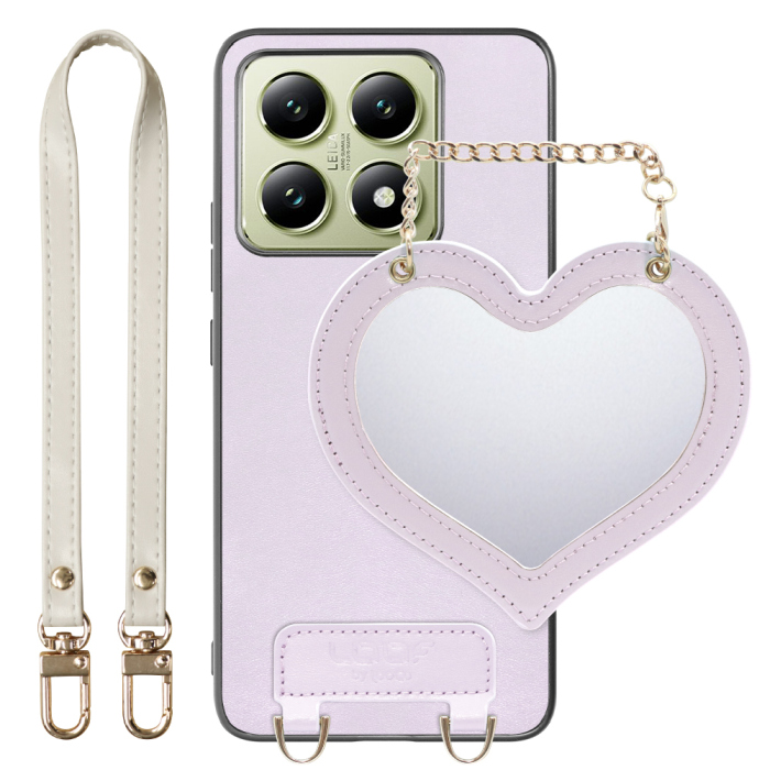 [ LOOF CHARM-SHELL Series ] Xiaomi 14T XIG06 スマホケース  ハートのミラーチャーム付き シンプル 背面カバー スマホケース ストラップ付 本革 [ Xiaomi 14T ]