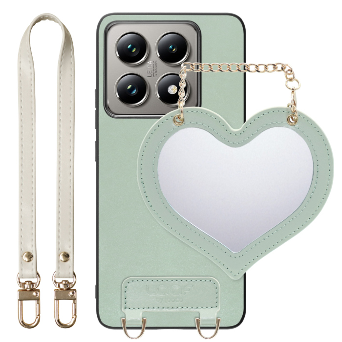 [ LOOF CHARM-SHELL Series ] Xiaomi 14T Pro  14TPro スマホケース  ハートのミラーチャーム付き シンプル 背面カバー スマホケース ストラップ付 本革 [ Xiaomi 14T Pro  ]
