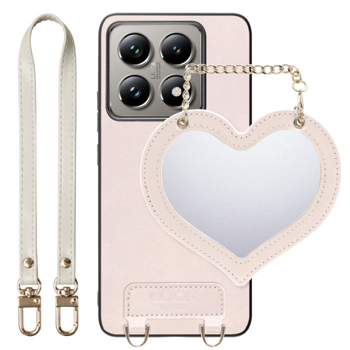 [ LOOF CHARM-SHELL Series ] Xiaomi 14T Pro  14TPro スマホケース  ハートのミラーチャーム付き シンプル 背面カバー スマホケース ストラップ付 本革 [ Xiaomi 14T Pro  ]