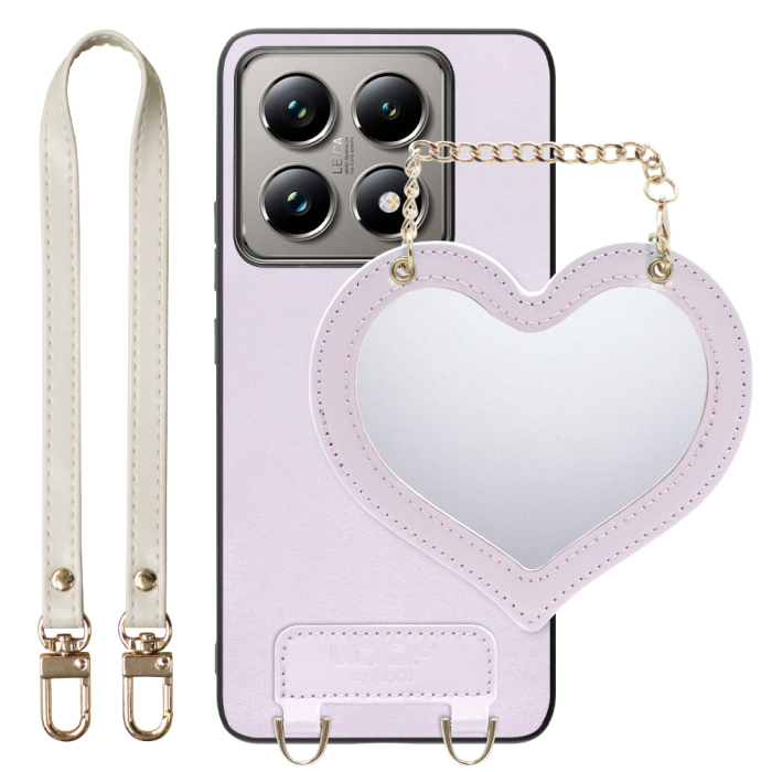 [ LOOF CHARM-SHELL Series ] Xiaomi 14T Pro  14TPro スマホケース  ハートのミラーチャーム付き シンプル 背面カバー スマホケース ストラップ付 本革 [ Xiaomi 14T Pro  ]