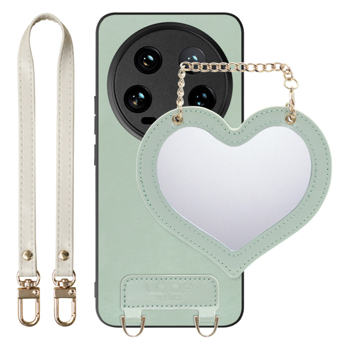 [ LOOF CHARM-SHELL Series ] Xiaomi 14 Ultra  スマホケース  ハートのミラーチャーム付き シンプル 背面カバー スマホケース ストラップ付 本革 [ Xiaomi 14 Ultra ]