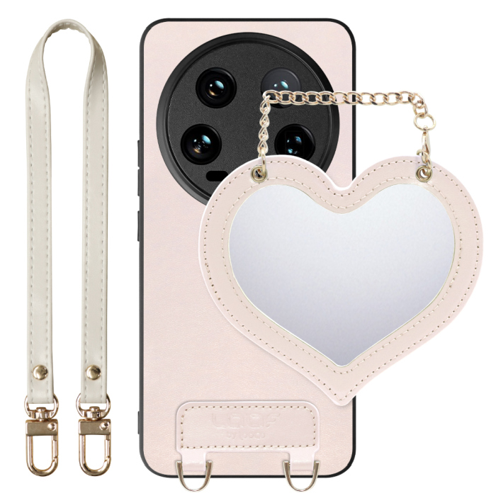 [ LOOF CHARM-SHELL Series ] Xiaomi 14 Ultra  スマホケース  ハートのミラーチャーム付き シンプル 背面カバー スマホケース ストラップ付 本革 [ Xiaomi 14 Ultra ]