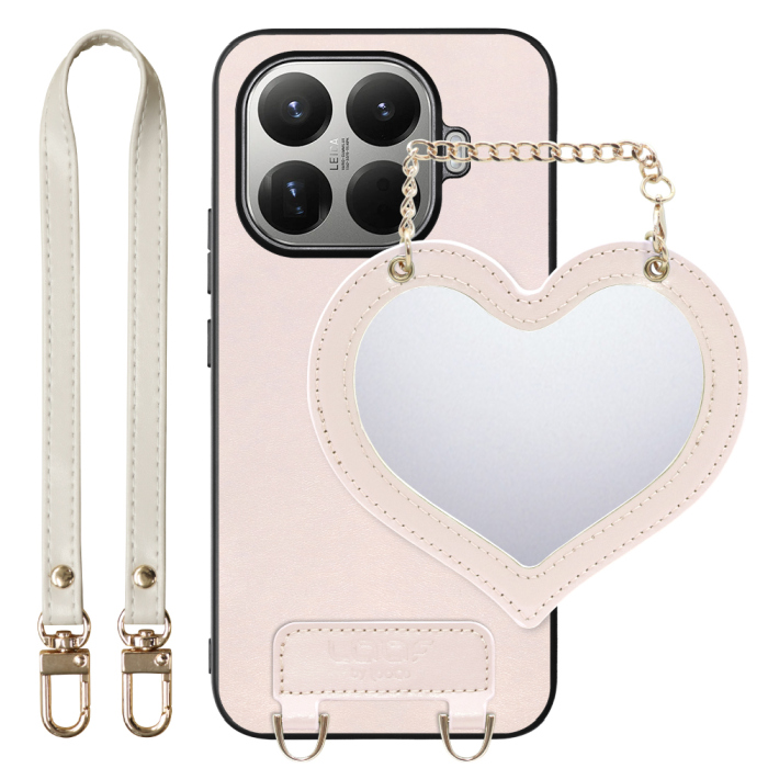 [ LOOF CHARM-SHELL Series ] Xiaomi 15T Pro シャオミ 15T Pro スマホケース  ハートのミラーチャーム付き シンプル 背面カバー スマホケース ストラップ付 本革 [ Xiaomi 15T Pro ]