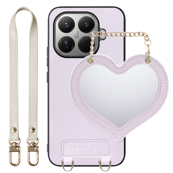 [ LOOF CHARM-SHELL Series ] Xiaomi 15T Pro シャオミ 15T Pro スマホケース  ハートのミラーチャーム付き シンプル 背面カバー スマホケース ストラップ付 本革 [ Xiaomi 15T Pro ]
