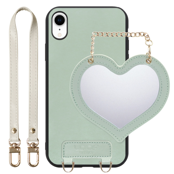 [ LOOF CHARM-SHELL Series ] iPhone XR iPhonexr スマホケース  ハートのミラーチャーム付き シンプル 背面カバー スマホケース ストラップ付 本革 [ iPhone XR ]