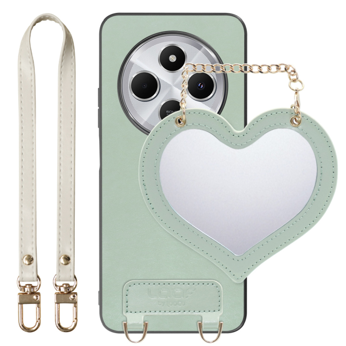 [ LOOF CHARM-SHELL Series ] Xiaomi Redmi 14C 14C Redmi14C スマホケース  ハートのミラーチャーム付き シンプル 背面カバー スマホケース ストラップ付 本革 [ Xiaomi Redmi 14C ]