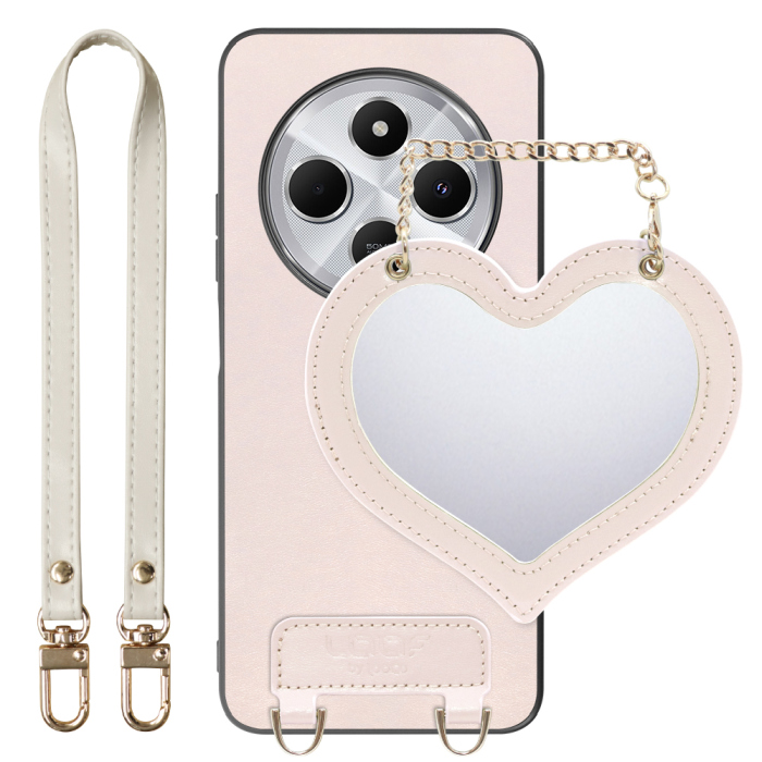 [ LOOF CHARM-SHELL Series ] Xiaomi Redmi 14C 14C Redmi14C スマホケース  ハートのミラーチャーム付き シンプル 背面カバー スマホケース ストラップ付 本革 [ Xiaomi Redmi 14C ]