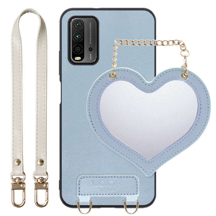 [ LOOF CHARM-SHELL Series ] Xiaomi Redmi 9T redmi9t スマホケース  ハートのミラーチャーム付き シンプル 背面カバー スマホケース ストラップ付 本革 [ Redmi 9T ]