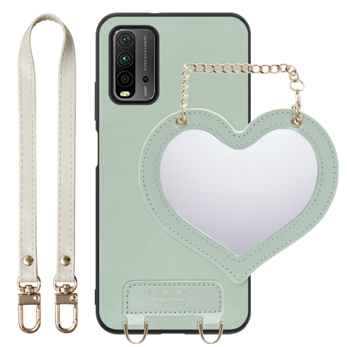 [ LOOF CHARM-SHELL Series ] Xiaomi Redmi 9T redmi9t スマホケース  ハートのミラーチャーム付き シンプル 背面カバー スマホケース ストラップ付 本革 [ Redmi 9T ]