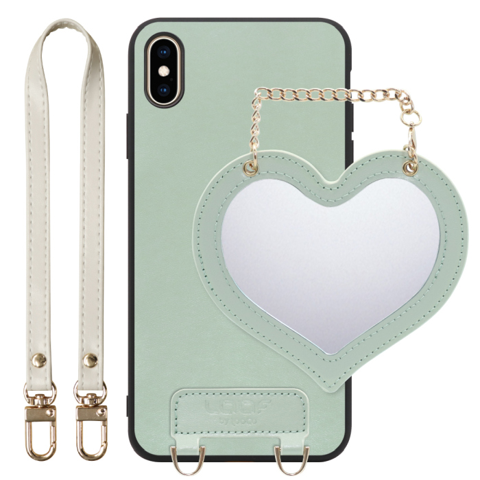[ LOOF CHARM-SHELL Series ] iPhone XS Max iPhonexsmax xsmax スマホケース  ハートのミラーチャーム付き シンプル 背面カバー スマホケース ストラップ付 本革 [ iPhone XS Max ]
