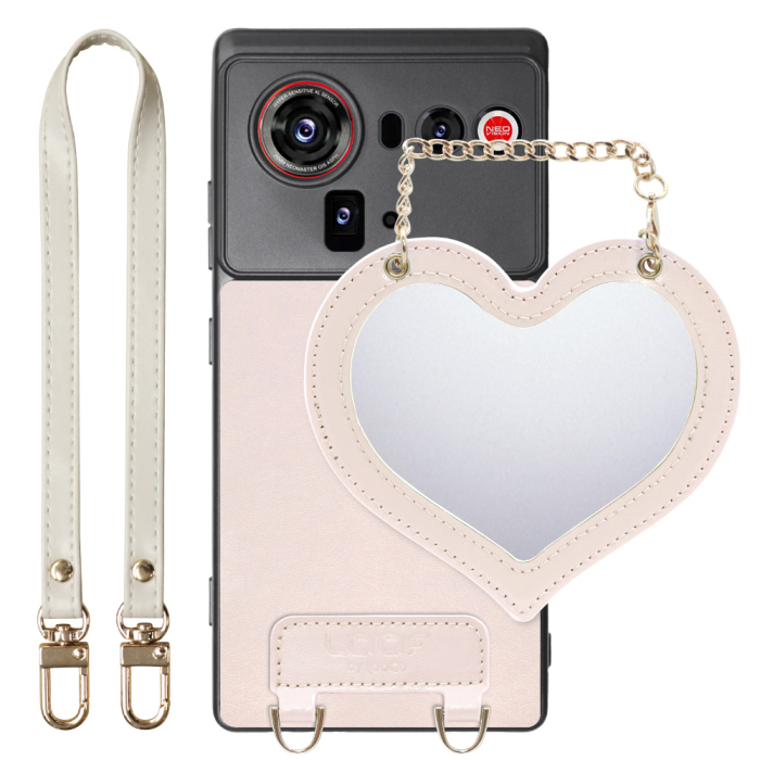 [ LOOF CHARM-SHELL Series ] nubia Z80 Ultra NX741J スマホケース  ハートのミラーチャーム付き シンプル 背面カバー スマホケース ストラップ付 本革 [ nubia Z80 Ultra ]