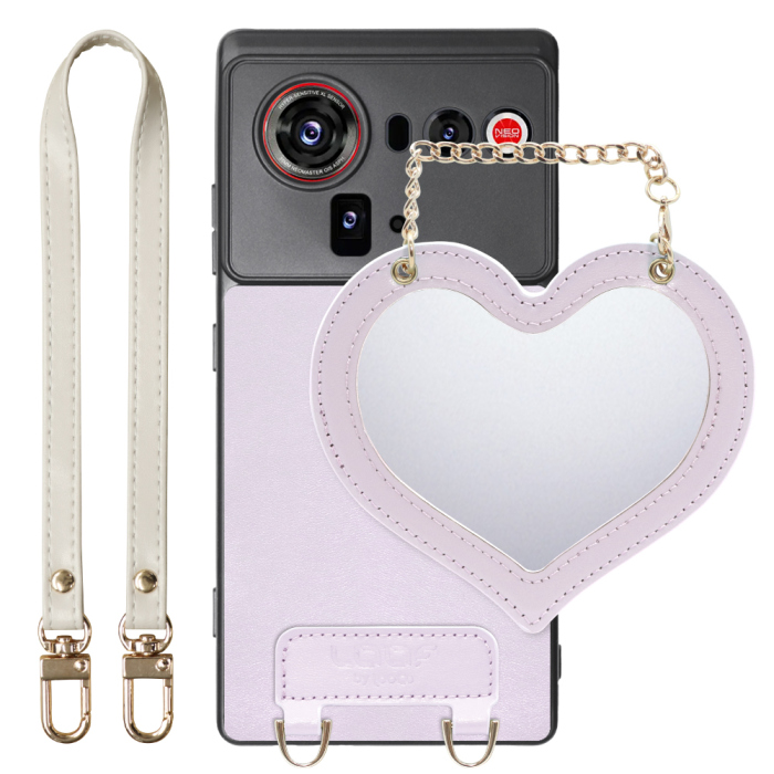 [ LOOF CHARM-SHELL Series ] nubia Z80 Ultra NX741J スマホケース  ハートのミラーチャーム付き シンプル 背面カバー スマホケース ストラップ付 本革 [ nubia Z80 Ultra ]