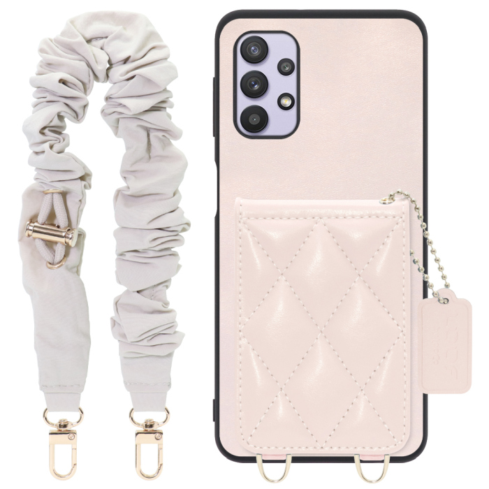 [ LOOF SWEET-SHELL SHUSHU ] Galaxy A32 5G SCG08 a325g スマホケース キルティング加工のカードケース付き シュシュストラップ付き マグネット内蔵 カード収納 本革 パステルカラー [ Galaxy A32 5G ]