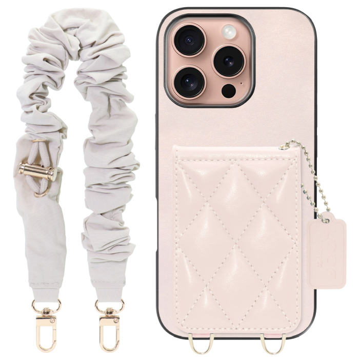 [ LOOF SWEET-SHELL SHUSHU ] iPhone 16 Pro iPhone16 Pro アイフォン16 プロ スマホケース キルティング加工のカードケース付き シュシュストラップ付き マグネット内蔵 カード収納 本革 パステルカラー [ iPhone 16 Pro ]