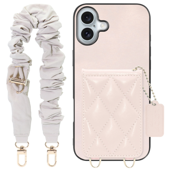 [ LOOF SWEET-SHELL SHUSHU ] iPhone 16 Plus iPhone16 Plus アイフォン16 プラス  スマホケース キルティング加工のカードケース付き シュシュストラップ付き マグネット内蔵 カード収納 本革 パステルカラー [ iPhone 16 Plus ]