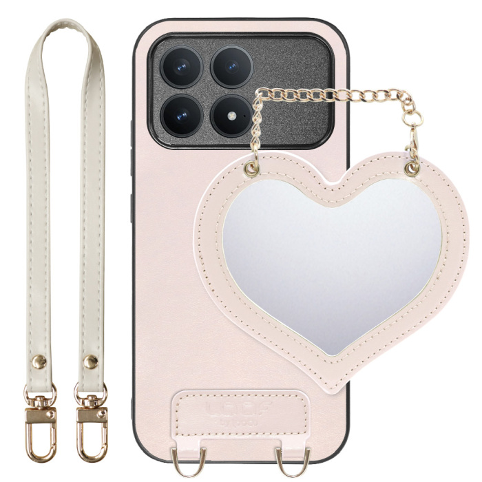 [ LOOF CHARM-SHELL ] POCO F8 Pro Xiaomi スマホケース  ハートのミラーチャーム付き シンプル 背面カバー スマホケース ストラップ付 本革 [ POCO F8 Pro ]