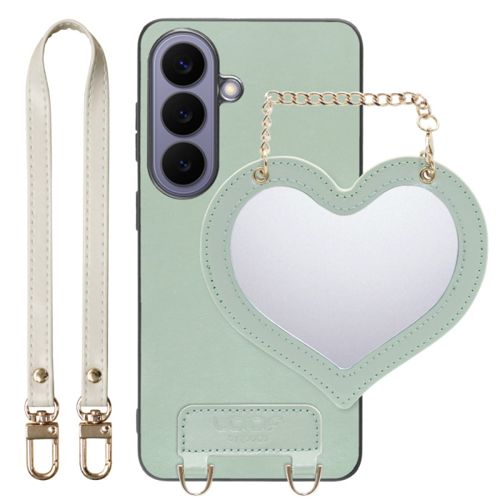 [ LOOF CHARM-SHELL ] Galaxy S26 Samsung SC-51G スマホケース  ハートのミラーチャーム付き シンプル 背面カバー スマホケース ストラップ付 本革 [ Galaxy S26 ]