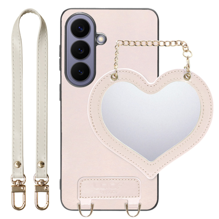 [ LOOF CHARM-SHELL ] Galaxy S26 Samsung SC-51G スマホケース  ハートのミラーチャーム付き シンプル 背面カバー スマホケース ストラップ付 本革 [ Galaxy S26 ]