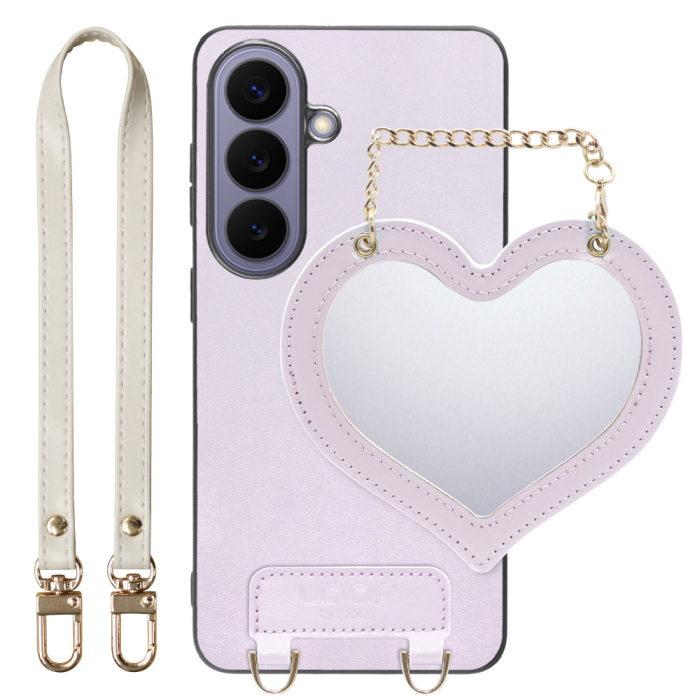 [ LOOF CHARM-SHELL ] Galaxy S26 Samsung SC-51G スマホケース  ハートのミラーチャーム付き シンプル 背面カバー スマホケース ストラップ付 本革 [ Galaxy S26 ]