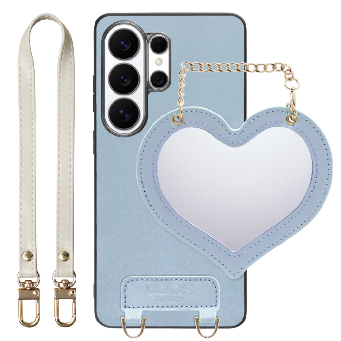 [ LOOF CHARM-SHELL ] Galaxy S26 Ultra Samsung SC-53G スマホケース  ハートのミラーチャーム付き シンプル 背面カバー スマホケース ストラップ付 本革 [ Galaxy S26 Ultra ]