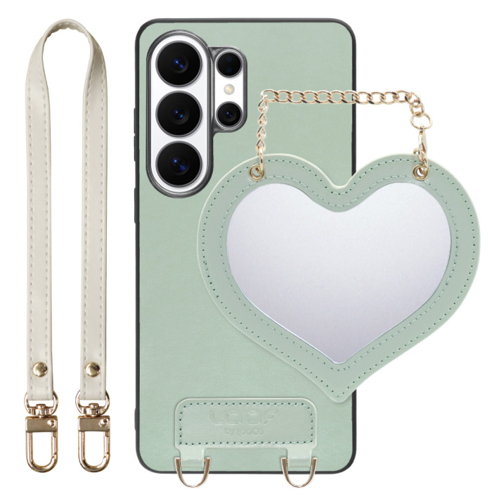 [ LOOF CHARM-SHELL ] Galaxy S26 Ultra Samsung SC-53G スマホケース  ハートのミラーチャーム付き シンプル 背面カバー スマホケース ストラップ付 本革 [ Galaxy S26 Ultra ]