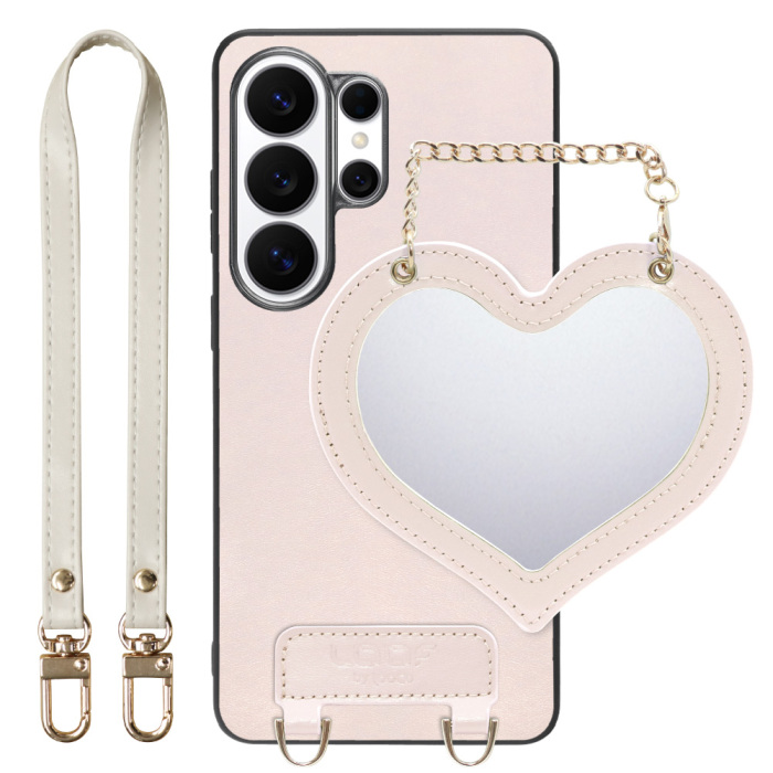 [ LOOF CHARM-SHELL ] Galaxy S26 Ultra Samsung SC-53G スマホケース  ハートのミラーチャーム付き シンプル 背面カバー スマホケース ストラップ付 本革 [ Galaxy S26 Ultra ]