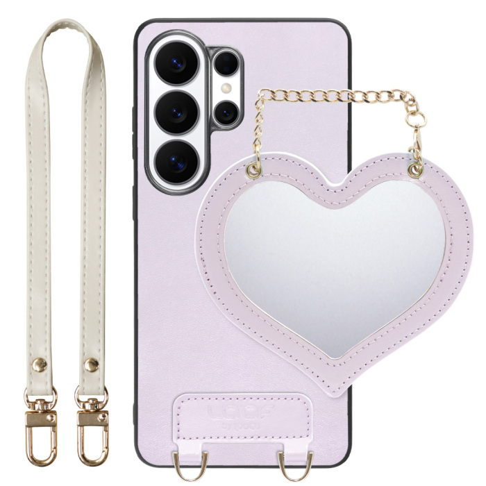 [ LOOF CHARM-SHELL ] Galaxy S26 Ultra Samsung SC-53G スマホケース  ハートのミラーチャーム付き シンプル 背面カバー スマホケース ストラップ付 本革 [ Galaxy S26 Ultra ]