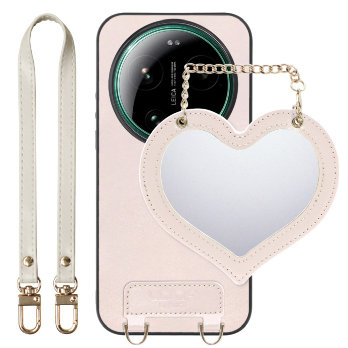 [ LOOF CHARM-SHELL ] Xiaomi 17 Ultra  スマホケース  ハートのミラーチャーム付き シンプル 背面カバー スマホケース ストラップ付 本革 [ Xiaomi 17 Ultra ]