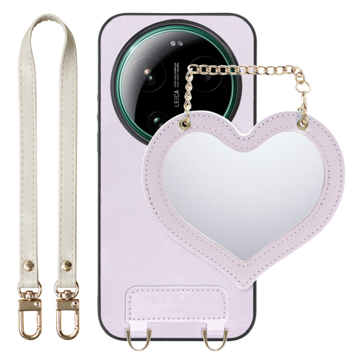 [ LOOF CHARM-SHELL ] Xiaomi 17 Ultra  スマホケース  ハートのミラーチャーム付き シンプル 背面カバー スマホケース ストラップ付 本革 [ Xiaomi 17 Ultra ]