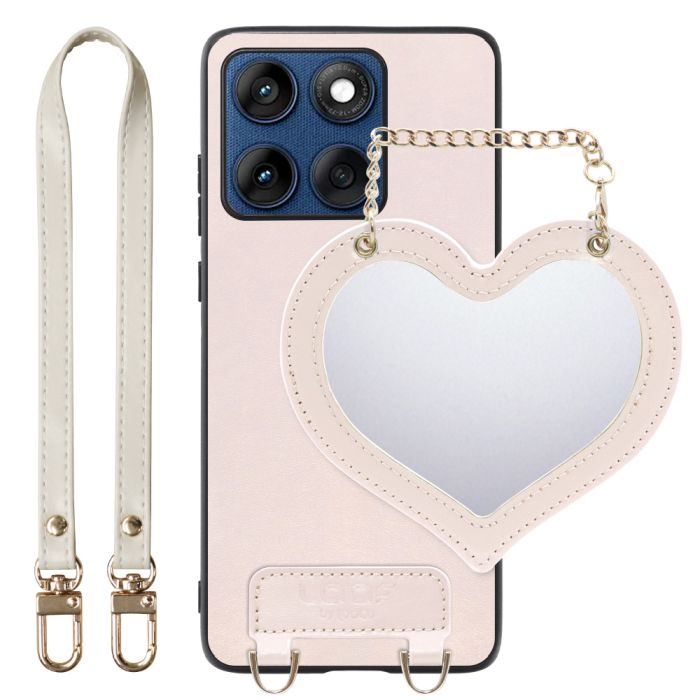 [ LOOF CHARM-SHELL ] motorola edge 60 モトローラ XT2507-3 XT2507-6 スマホケース  ハートのミラーチャーム付き シンプル 背面カバー スマホケース ストラップ付 本革 [ motorola edge 60 ]