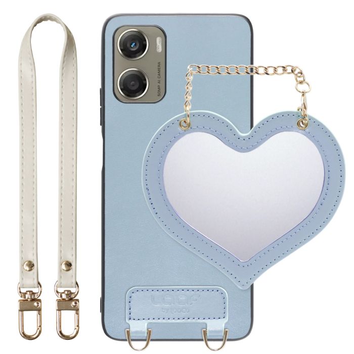 [ LOOF CHARM-SHELL ] moto g06 モトローラ XT2535-6 スマホケース  ハートのミラーチャーム付き シンプル 背面カバー スマホケース ストラップ付 本革 [ moto g06 ]