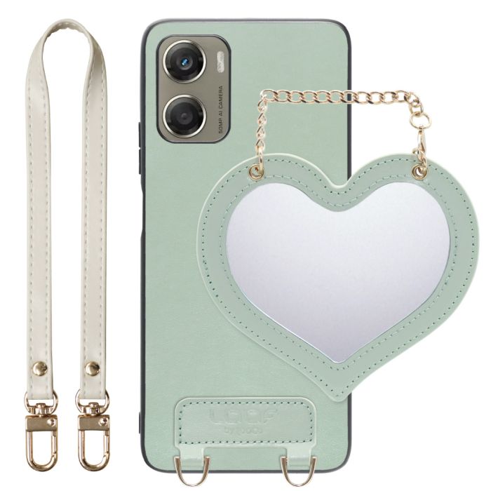 [ LOOF CHARM-SHELL ] moto g06 モトローラ XT2535-6 スマホケース  ハートのミラーチャーム付き シンプル 背面カバー スマホケース ストラップ付 本革 [ moto g06 ]