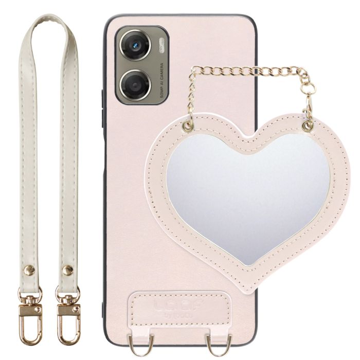 [ LOOF CHARM-SHELL ] moto g06 モトローラ XT2535-6 スマホケース  ハートのミラーチャーム付き シンプル 背面カバー スマホケース ストラップ付 本革 [ moto g06 ]