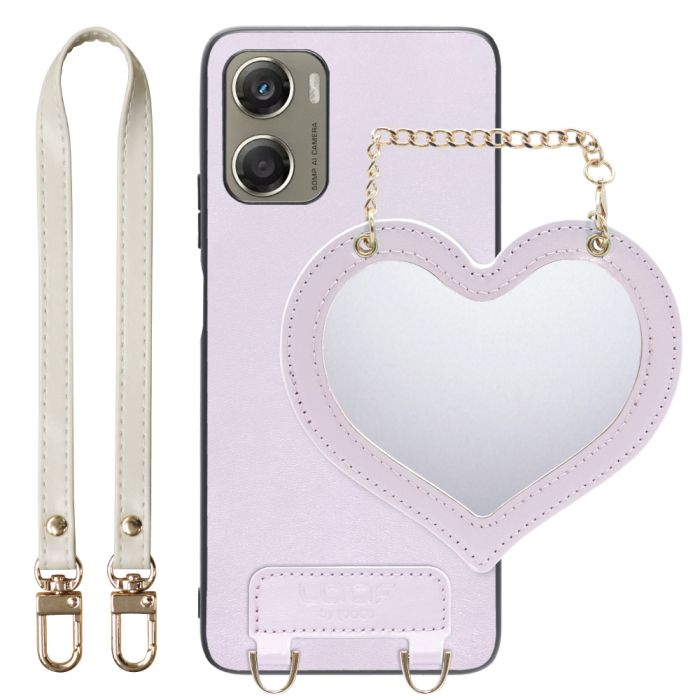 [ LOOF CHARM-SHELL ] moto g06 モトローラ XT2535-6 スマホケース  ハートのミラーチャーム付き シンプル 背面カバー スマホケース ストラップ付 本革 [ moto g06 ]