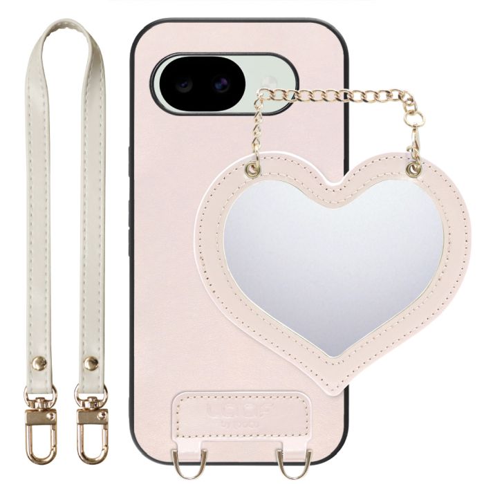 [ LOOF CHARM-SHELL ] Google Pixel 10a グーグル ピクセル スマホケース  ハートのミラーチャーム付き シンプル 背面カバー スマホケース ストラップ付 本革 [ Google Pixel 10a ]