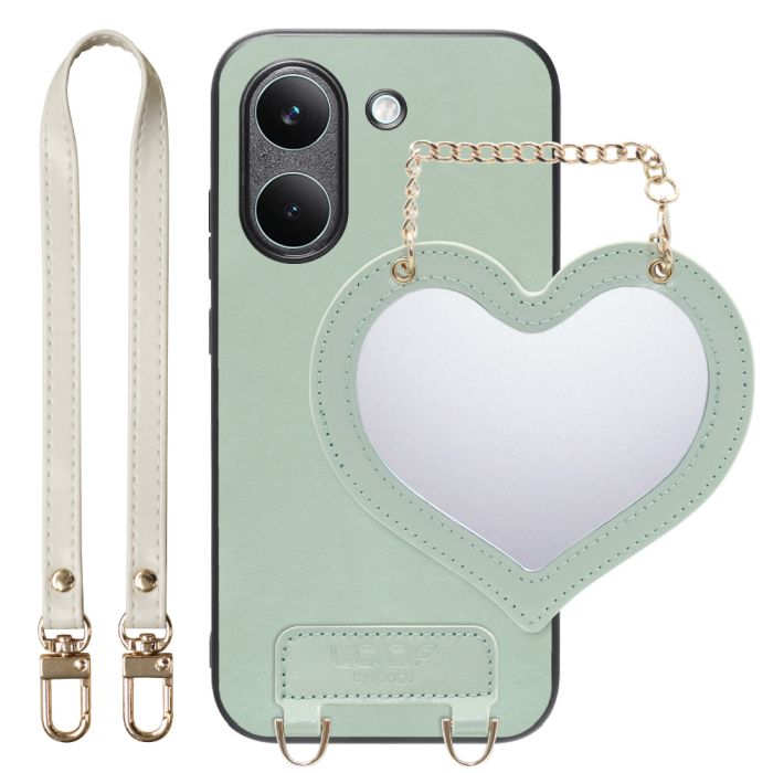 [ LOOF CHARM-SHELL ] POCO X8 Pro Xiaomi シャオミ スマホケース  ハートのミラーチャーム付き シンプル 背面カバー スマホケース ストラップ付 本革 [ POCO X8 Pro ]