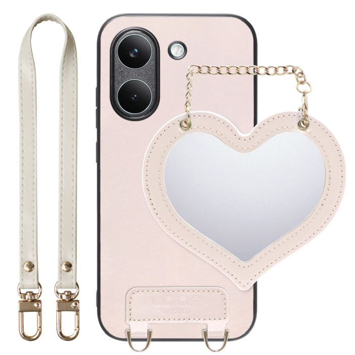 [ LOOF CHARM-SHELL ] POCO X8 Pro Xiaomi シャオミ スマホケース  ハートのミラーチャーム付き シンプル 背面カバー スマホケース ストラップ付 本革 [ POCO X8 Pro ]