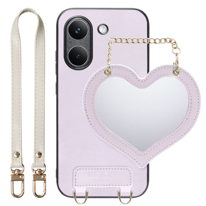 [ LOOF CHARM-SHELL ] POCO X8 Pro Xiaomi シャオミ スマホケース  ハートのミラーチャーム付き シンプル 背面カバー スマホケース ストラップ付 本革 [ POCO X8 Pro ]