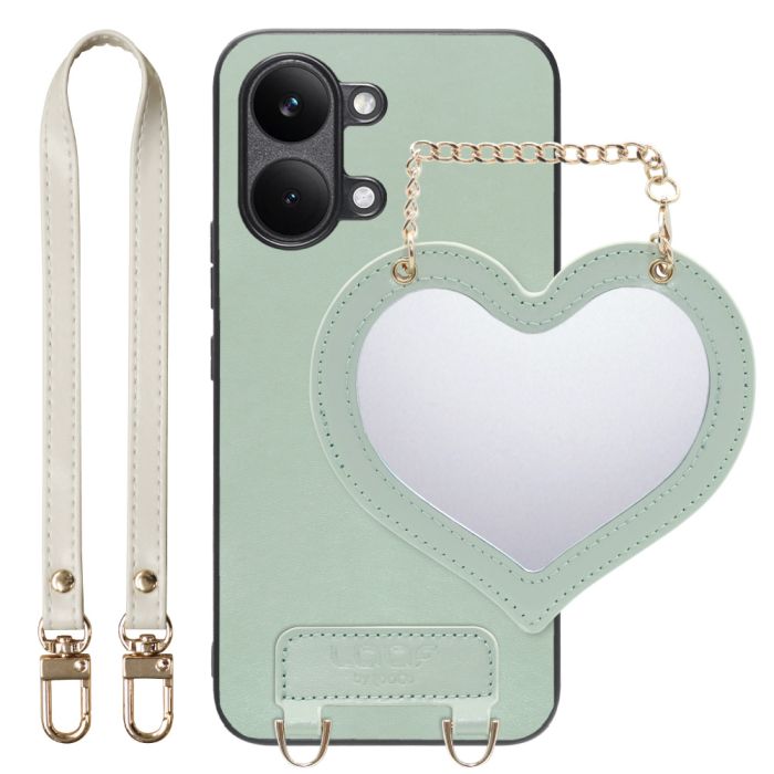 [ LOOF CHARM-SHELL ] POCO X8 Pro Max Xiaomi シャオミ スマホケース  ハートのミラーチャーム付き シンプル 背面カバー スマホケース ストラップ付 本革 [ POCO X8 Pro Max ]