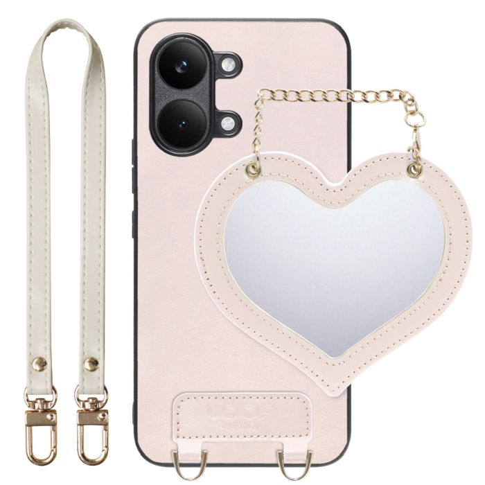 [ LOOF CHARM-SHELL ] POCO X8 Pro Max Xiaomi シャオミ スマホケース  ハートのミラーチャーム付き シンプル 背面カバー スマホケース ストラップ付 本革 [ POCO X8 Pro Max ]