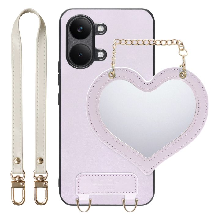 [ LOOF CHARM-SHELL ] POCO X8 Pro Max Xiaomi シャオミ スマホケース  ハートのミラーチャーム付き シンプル 背面カバー スマホケース ストラップ付 本革 [ POCO X8 Pro Max ]