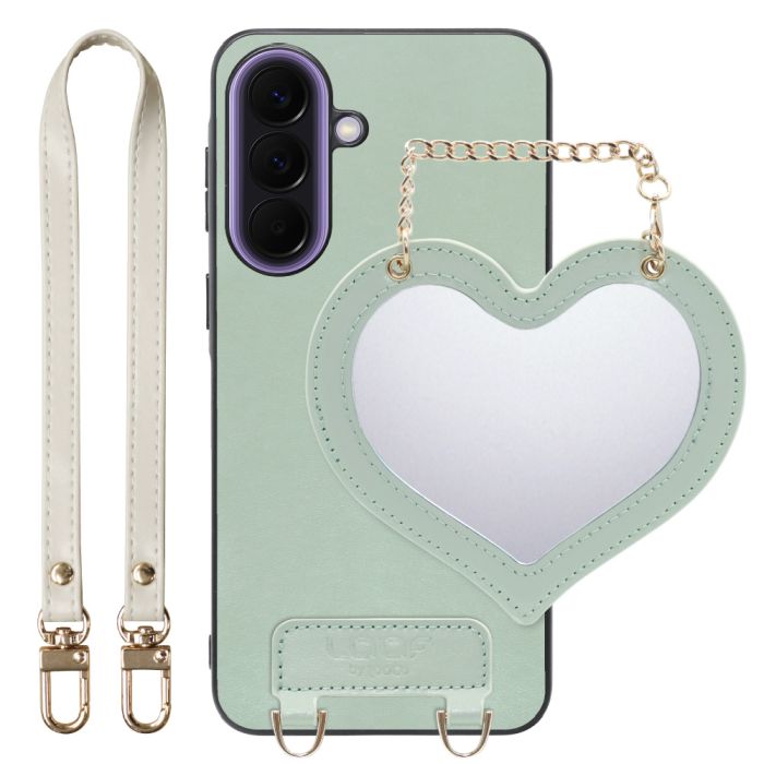 [ LOOF CHARM-SHELL ] Galaxy A57 5G SC-54G SCG39 SM-A576Z SM-A576C スマホケース  ハートのミラーチャーム付き シンプル 背面カバー スマホケース ストラップ付 本革 [ Galaxy A57 5G ]