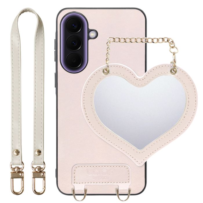 [ LOOF CHARM-SHELL ] Galaxy A57 5G SC-54G SCG39 SM-A576Z SM-A576C スマホケース  ハートのミラーチャーム付き シンプル 背面カバー スマホケース ストラップ付 本革 [ Galaxy A57 5G ]