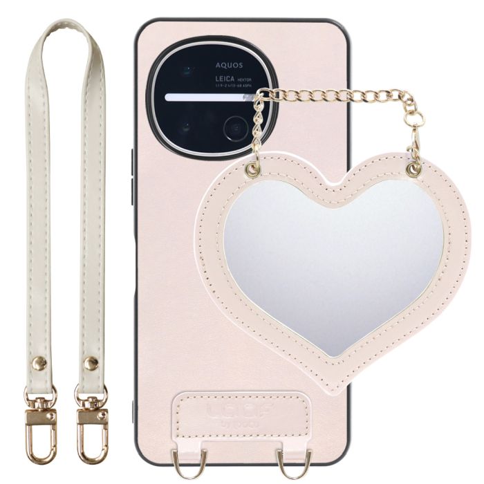 [ LOOF CHARM-SHELL ] AQUOS R11 SH-51G SH-M35 スマホケース  ハートのミラーチャーム付き シンプル 背面カバー スマホケース ストラップ付 本革 [ AQUOS R11 ]