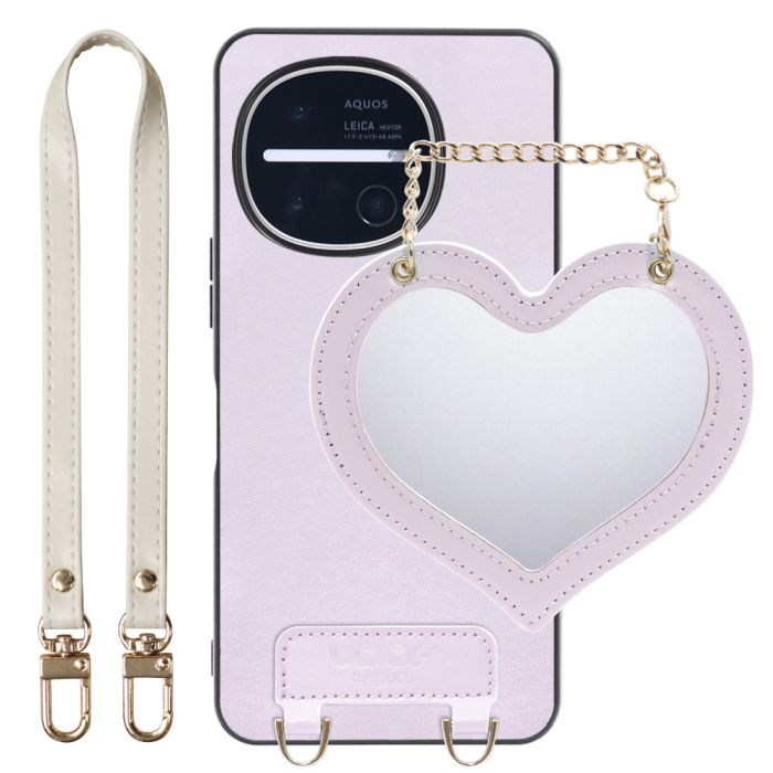 [ LOOF CHARM-SHELL ] AQUOS R11 SH-51G SH-M35 スマホケース  ハートのミラーチャーム付き シンプル 背面カバー スマホケース ストラップ付 本革 [ AQUOS R11 ]