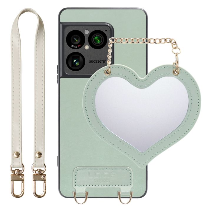[ LOOF CHARM-SHELL ] Xperia 1 VIII XQ-GE44 SO-51G スマホケース  ハートのミラーチャーム付き シンプル 背面カバー スマホケース ストラップ付 本革 [ Xperia 1 VIII ]