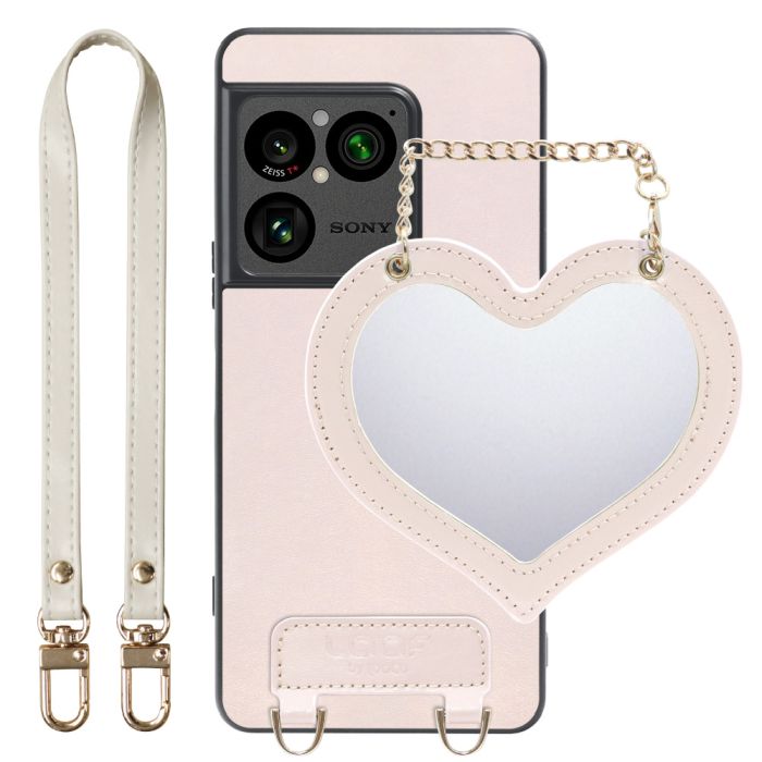 [ LOOF CHARM-SHELL ] Xperia 1 VIII XQ-GE44 SO-51G スマホケース  ハートのミラーチャーム付き シンプル 背面カバー スマホケース ストラップ付 本革 [ Xperia 1 VIII ]