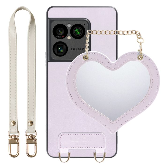 [ LOOF CHARM-SHELL ] Xperia 1 VIII XQ-GE44 SO-51G スマホケース  ハートのミラーチャーム付き シンプル 背面カバー スマホケース ストラップ付 本革 [ Xperia 1 VIII ]