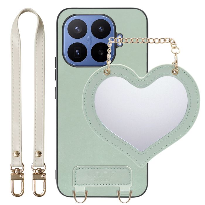 [ LOOF CHARM-SHELL ] Xiaomi 17T Pro シャオミ スマホケース  ハートのミラーチャーム付き シンプル 背面カバー スマホケース ストラップ付 本革 [ Xiaomi 17T Pro ]